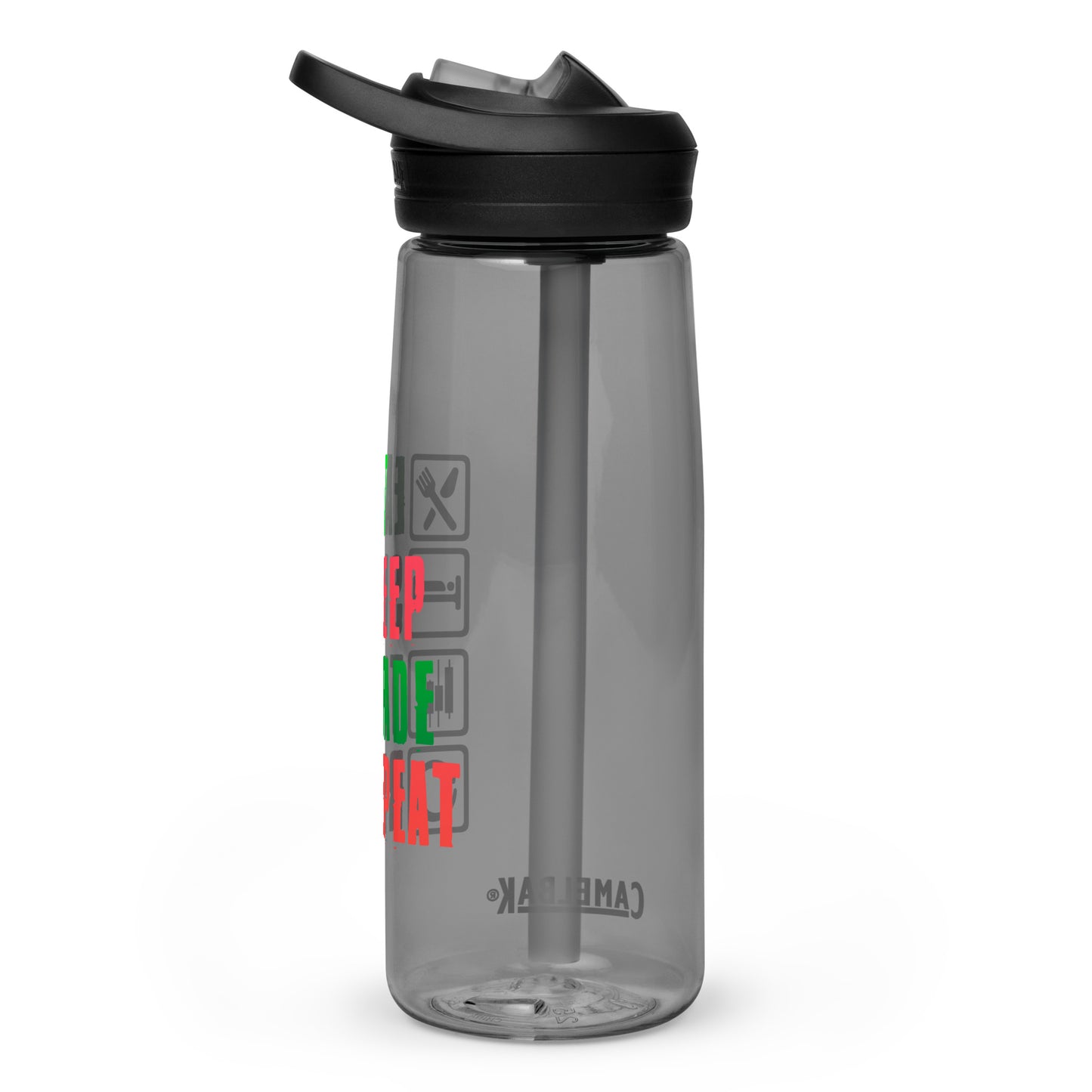 Sports water bottle: "Eat, Sleep, Trade, Repeat"