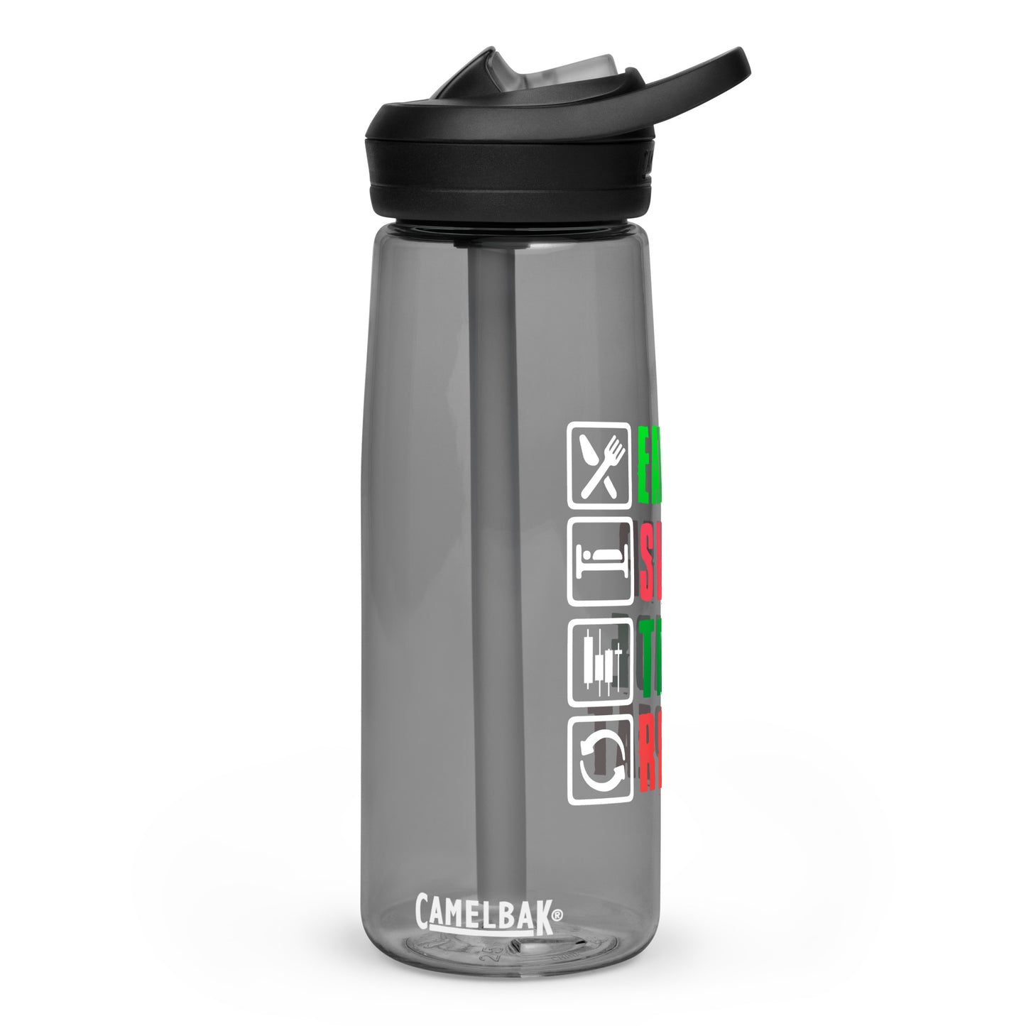 Sports water bottle: "Eat, Sleep, Trade, Repeat"