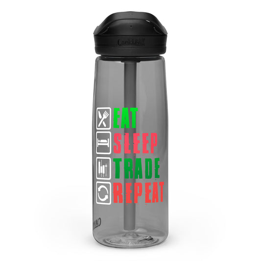 Sports water bottle: "Eat, Sleep, Trade, Repeat"